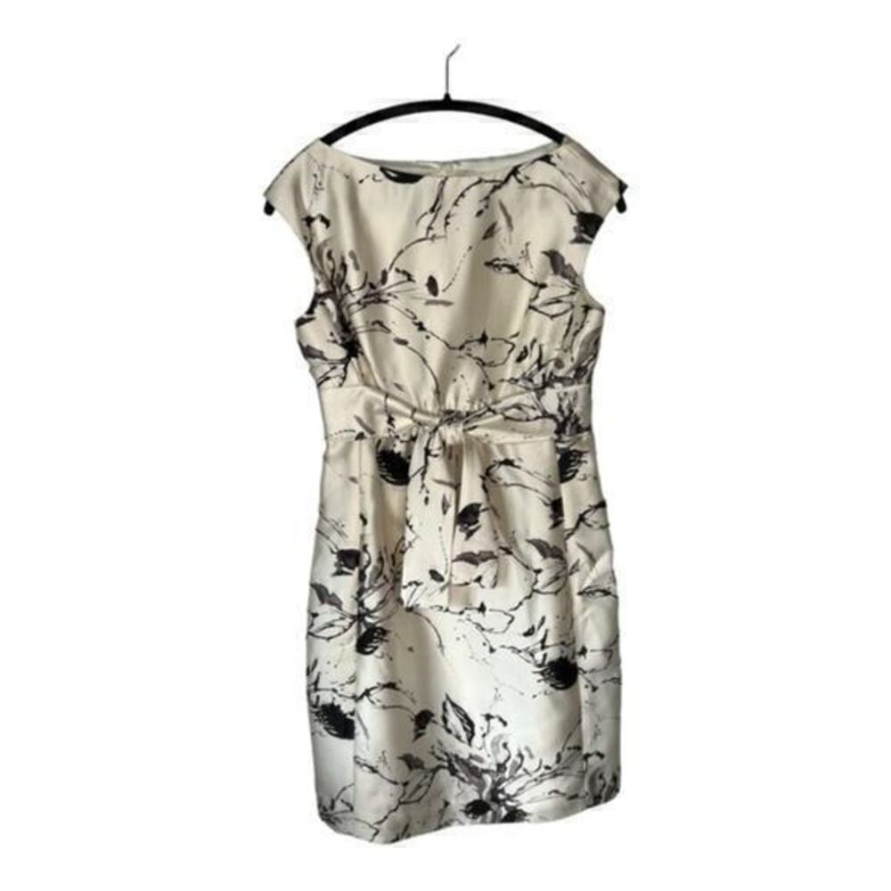 Rickie Freeman Teri Jon Silk Wool Floral Print Tie Waist Cap Sleeve Dress Size 6